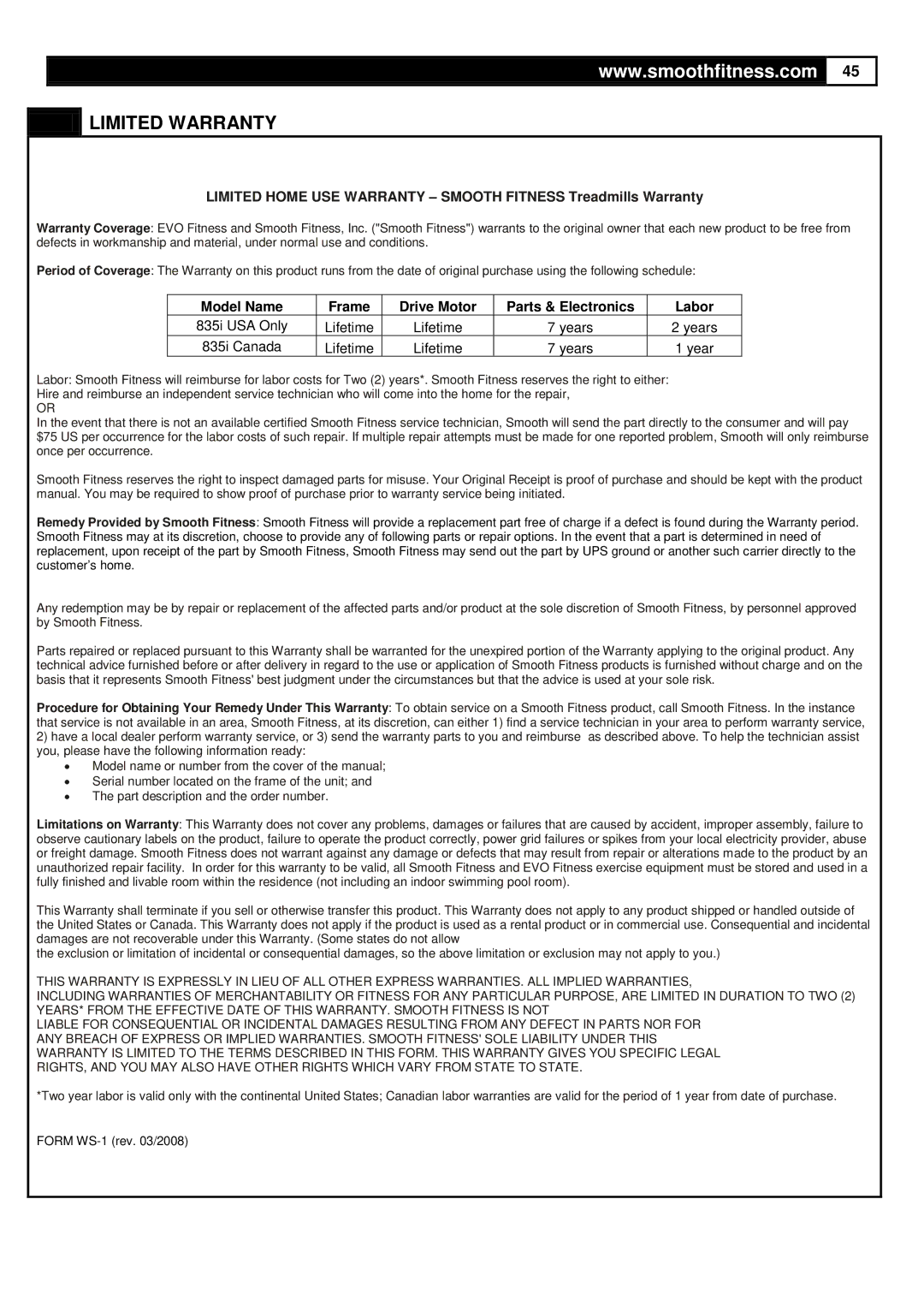 Smooth Fitness 835 user manual Limited Warranty, Model Name Frame Drive Motor Parts & Electronics Labor 