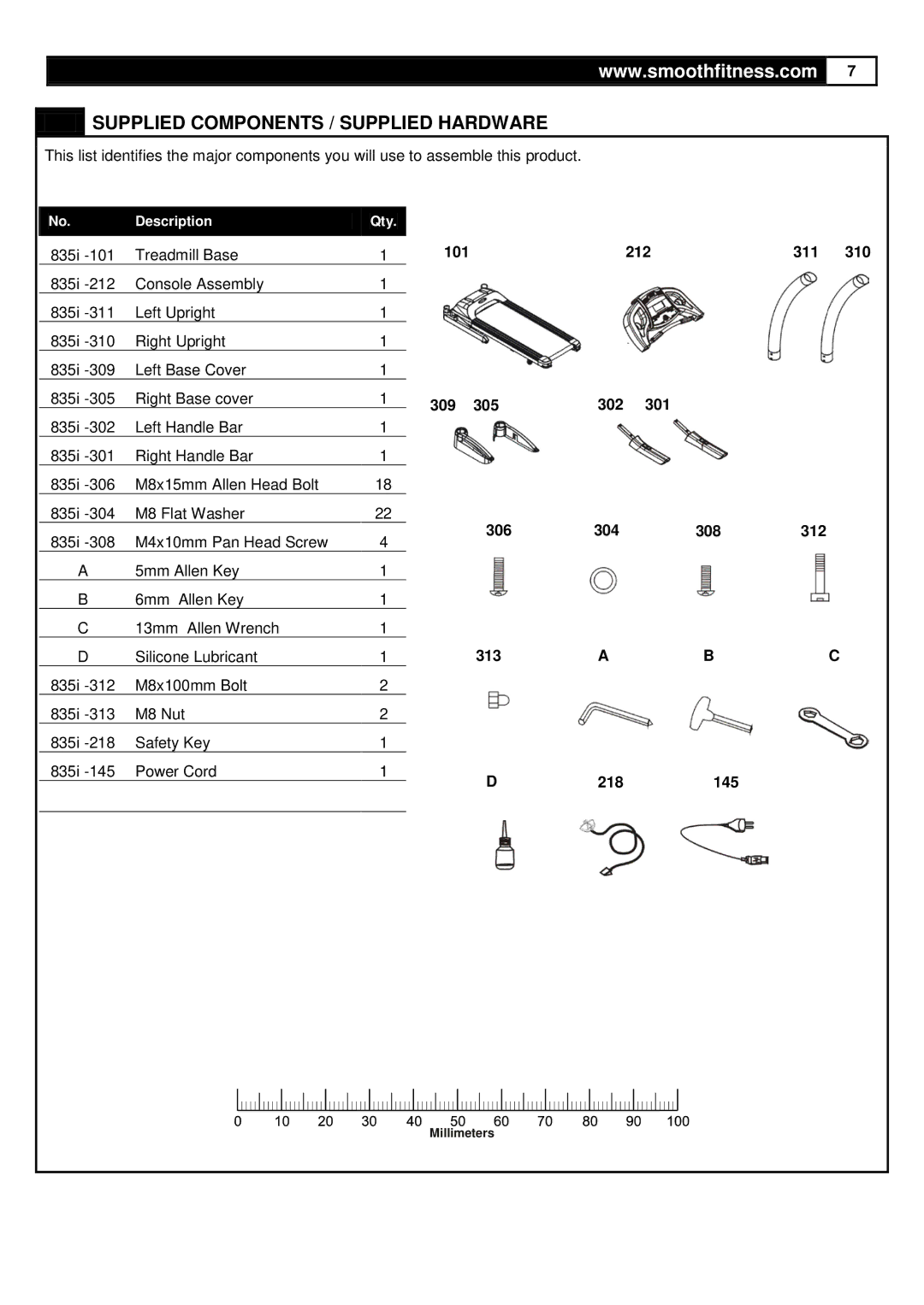 Smooth Fitness 835 Supplied Components / Supplied Hardware, 101 212 311 310 309 305 302 301 306 304 308 312 313 218 145 