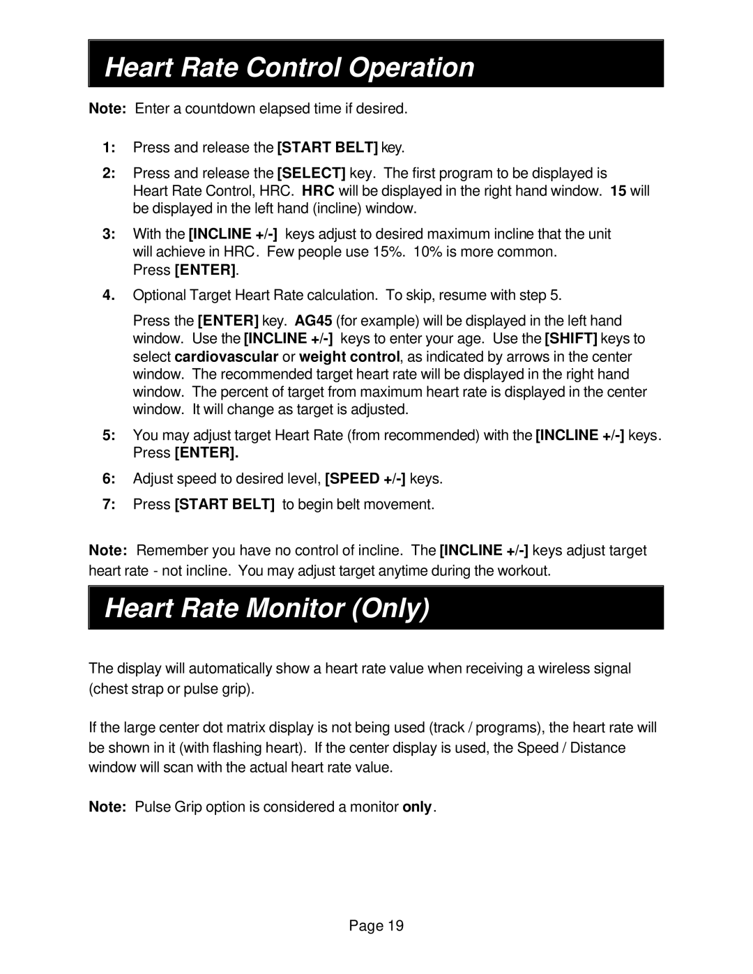 Smooth Fitness 9.1 SERIES owner manual Heart Rate Control Operation, Heart Rate Monitor Only 