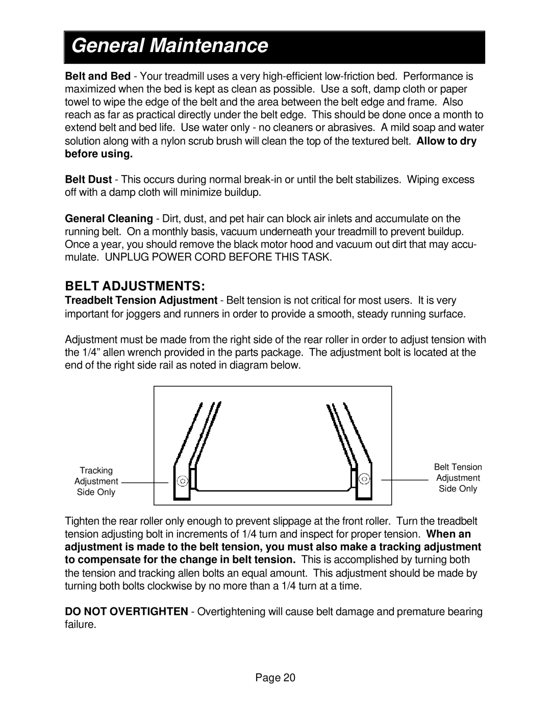 Smooth Fitness 9.1 SERIES owner manual General Maintenance, Belt Adjustments 