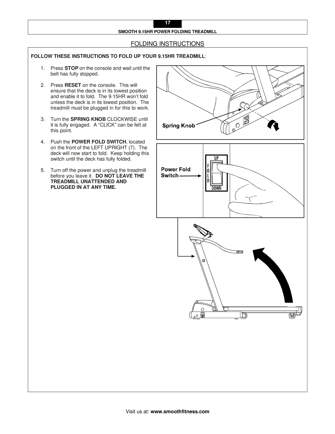 Smooth Fitness user manual Folding Instructions, Follow These Instructions to Fold UP Your 9.15HR Treadmill 