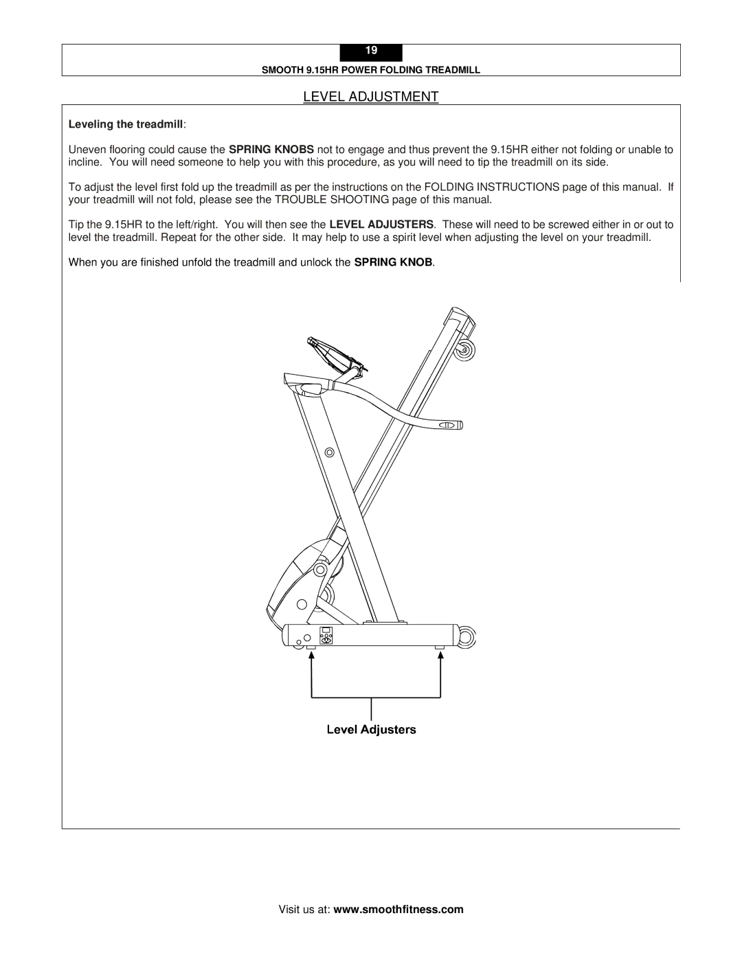 Smooth Fitness 9.15HR user manual Level Adjustment, Leveling the treadmill 