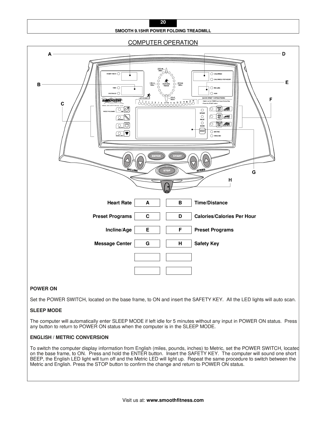 Smooth Fitness 9.15HR user manual Computer Operation, Power on, Sleep Mode, English / Metric Conversion 