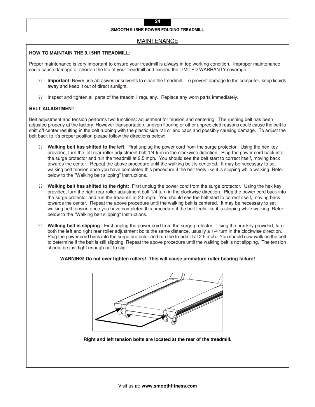 Smooth Fitness user manual Maintenance, HOW to Maintain the 9.15HR Treadmill, Belt Adjustment 