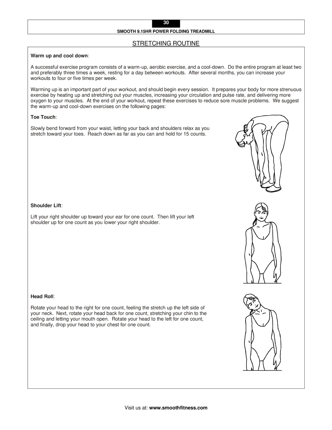 Smooth Fitness 9.15HR user manual Stretching Routine, Warm up and cool down, Toe Touch, Shoulder Lift, Head Roll 