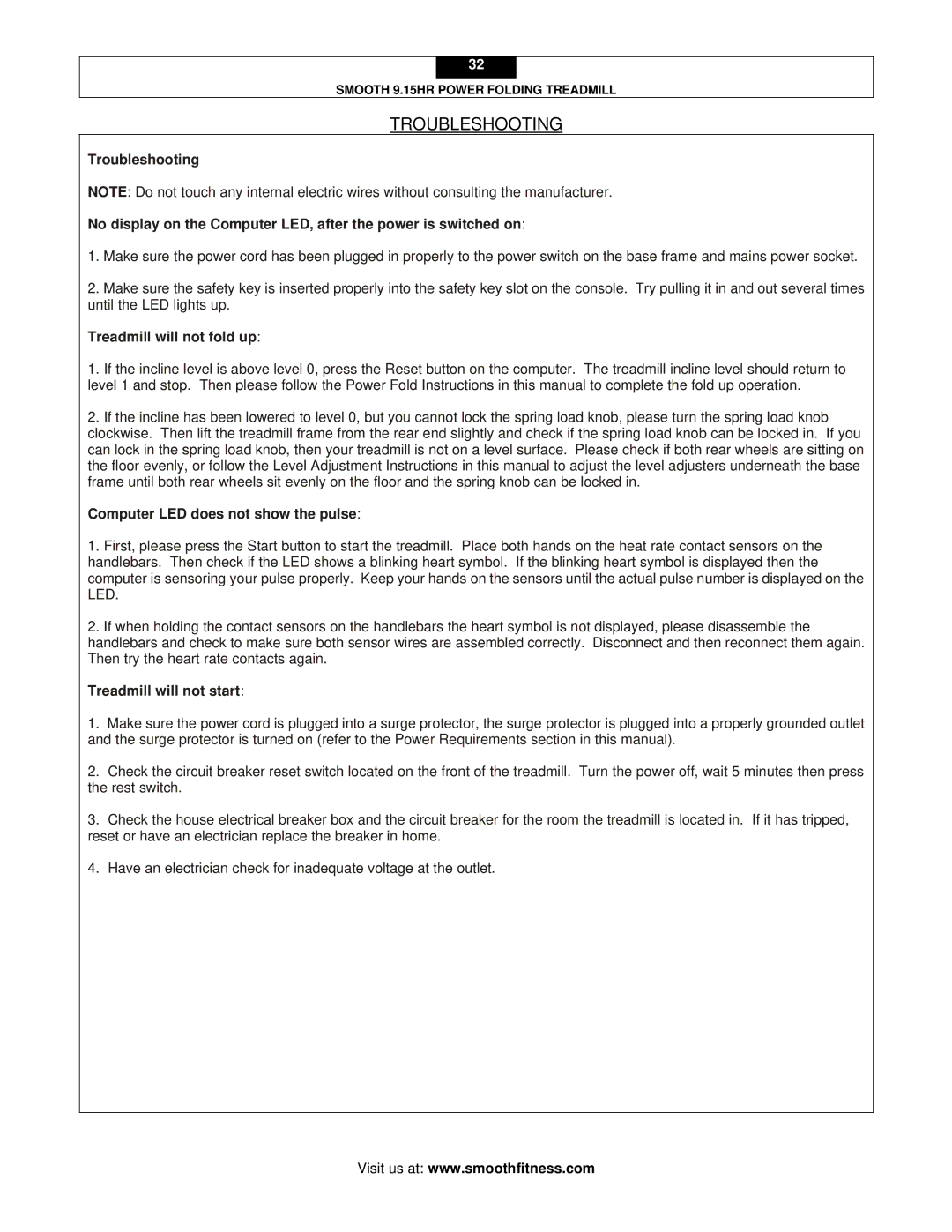 Smooth Fitness 9.15HR user manual Troubleshooting, Treadmill will not fold up, Computer LED does not show the pulse 