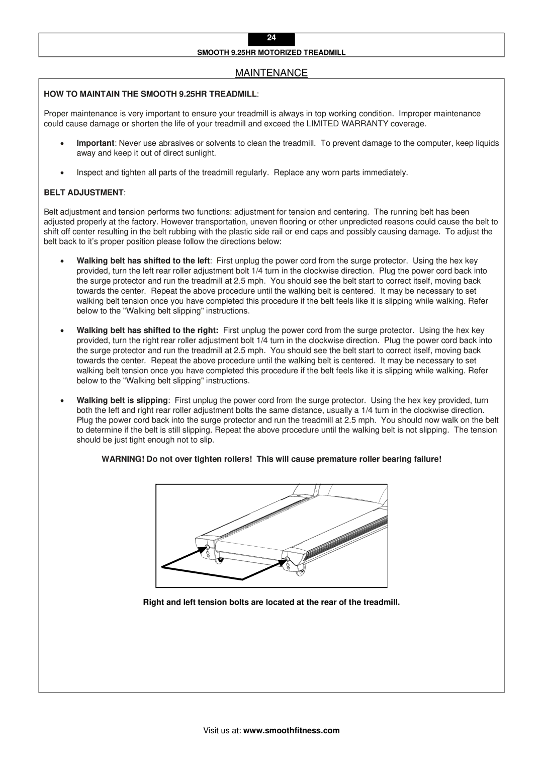 Smooth Fitness user manual Maintenance, HOW to Maintain the Smooth 9.25HR Treadmill 