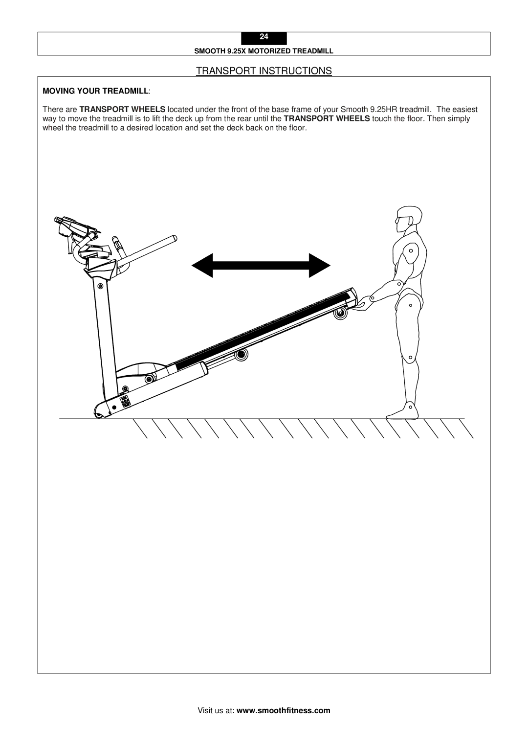 Smooth Fitness 9.25X user manual Transport Instructions, Moving Your Treadmill 