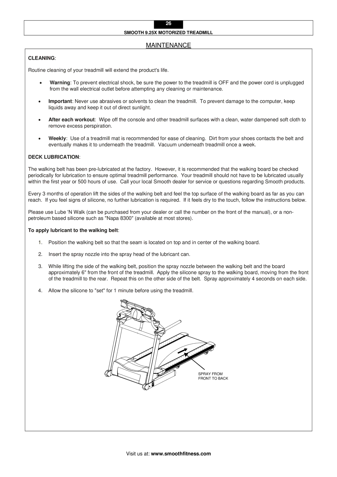 Smooth Fitness 9.25X user manual Cleaning, To apply lubricant to the walking belt 