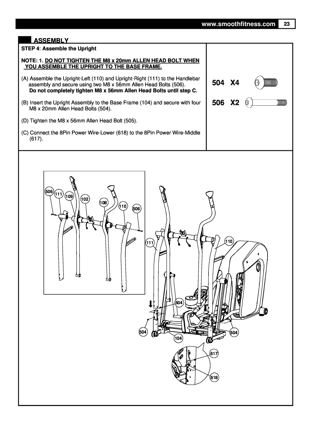 Smooth Fitness 9.25X user manual 504 506, Assembly, Assemble the Upright 