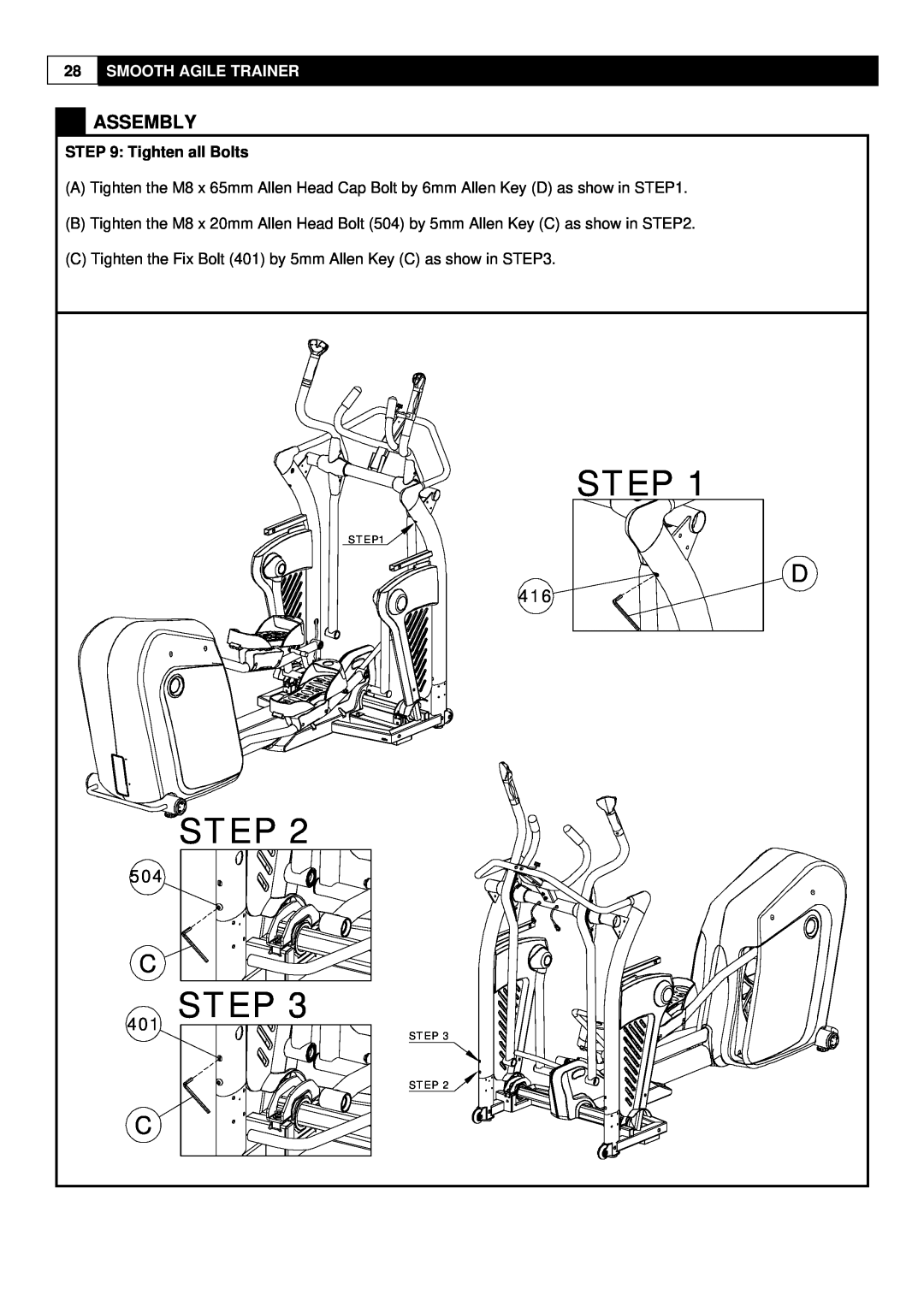 Smooth Fitness 9.25X user manual Step, Assembly, Smooth Agile Trainer, Tighten all Bolts 