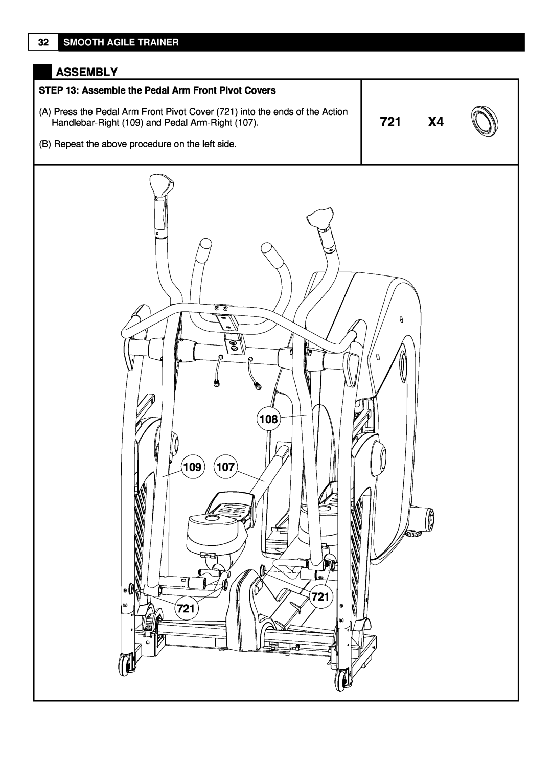 Smooth Fitness 9.25X user manual 108 109 721, Assembly, Smooth Agile Trainer, Assemble the Pedal Arm Front Pivot Covers 