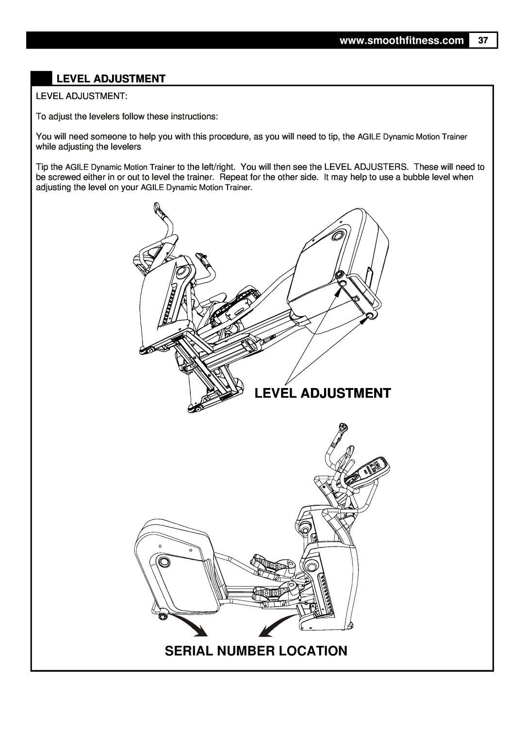 Smooth Fitness 9.25X user manual Level Adjustment Serial Number Location, To adjust the levelers follow these instructions 