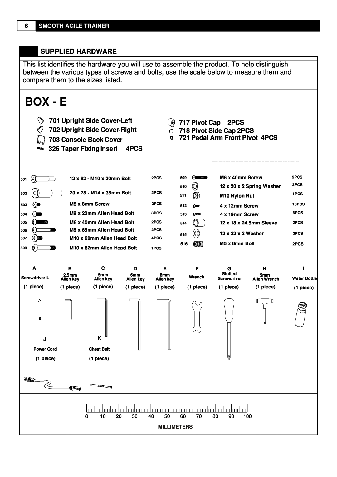 Smooth Fitness 9.25X user manual Box - E, Supplied Hardware, Upright Side Cover-Left 702 Upright Side Cover-Right 