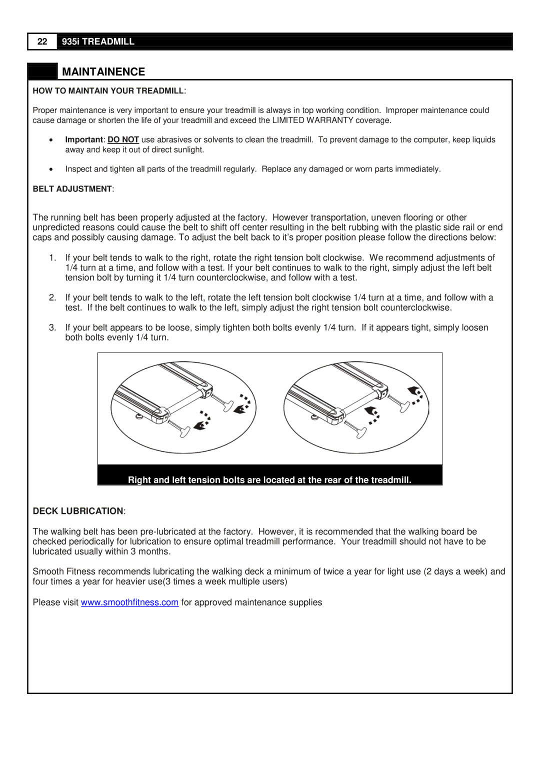 Smooth Fitness 935 user manual Maintainence, HOW to Maintain Your Treadmill 