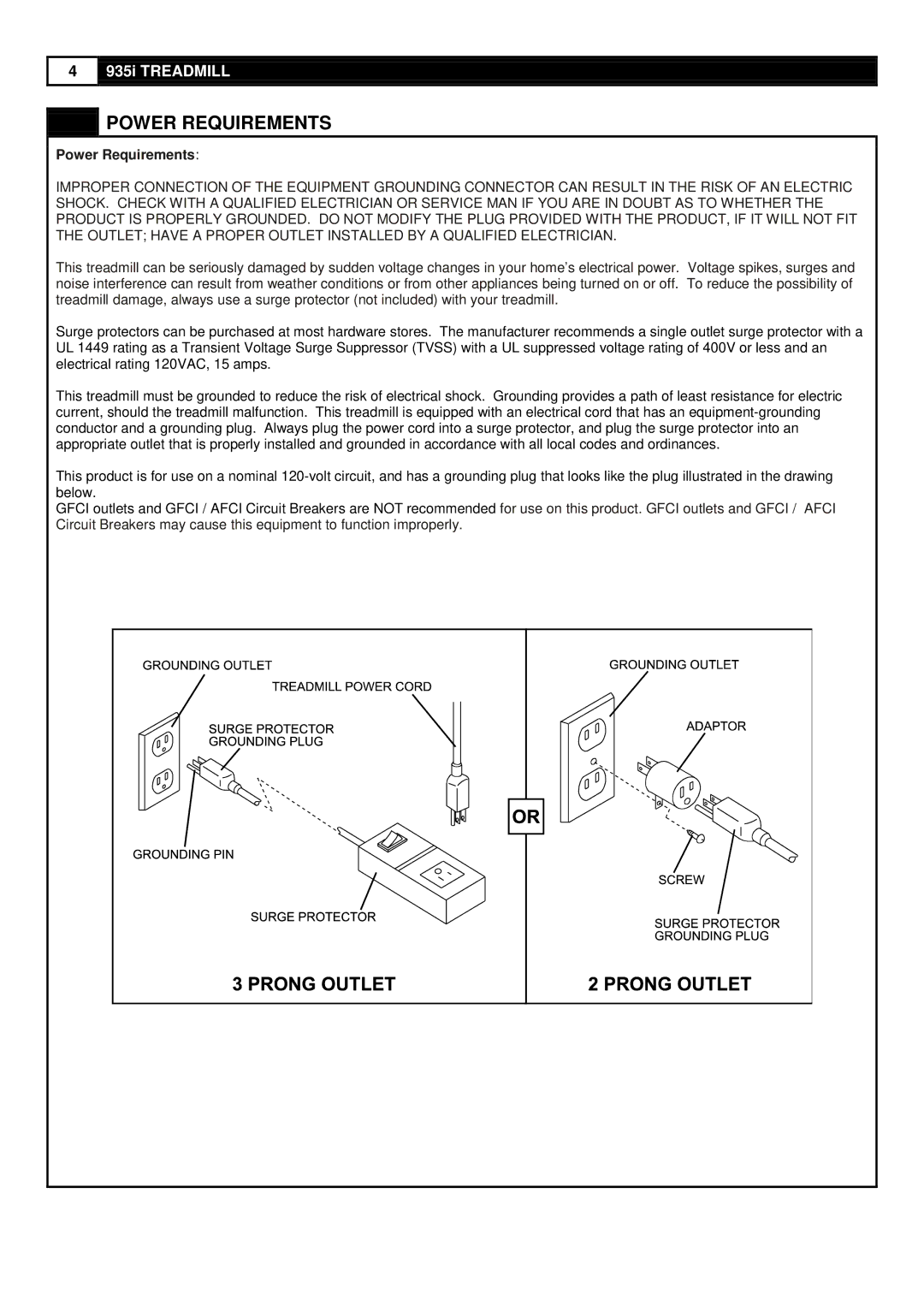 Smooth Fitness 935 user manual Power Requirements 