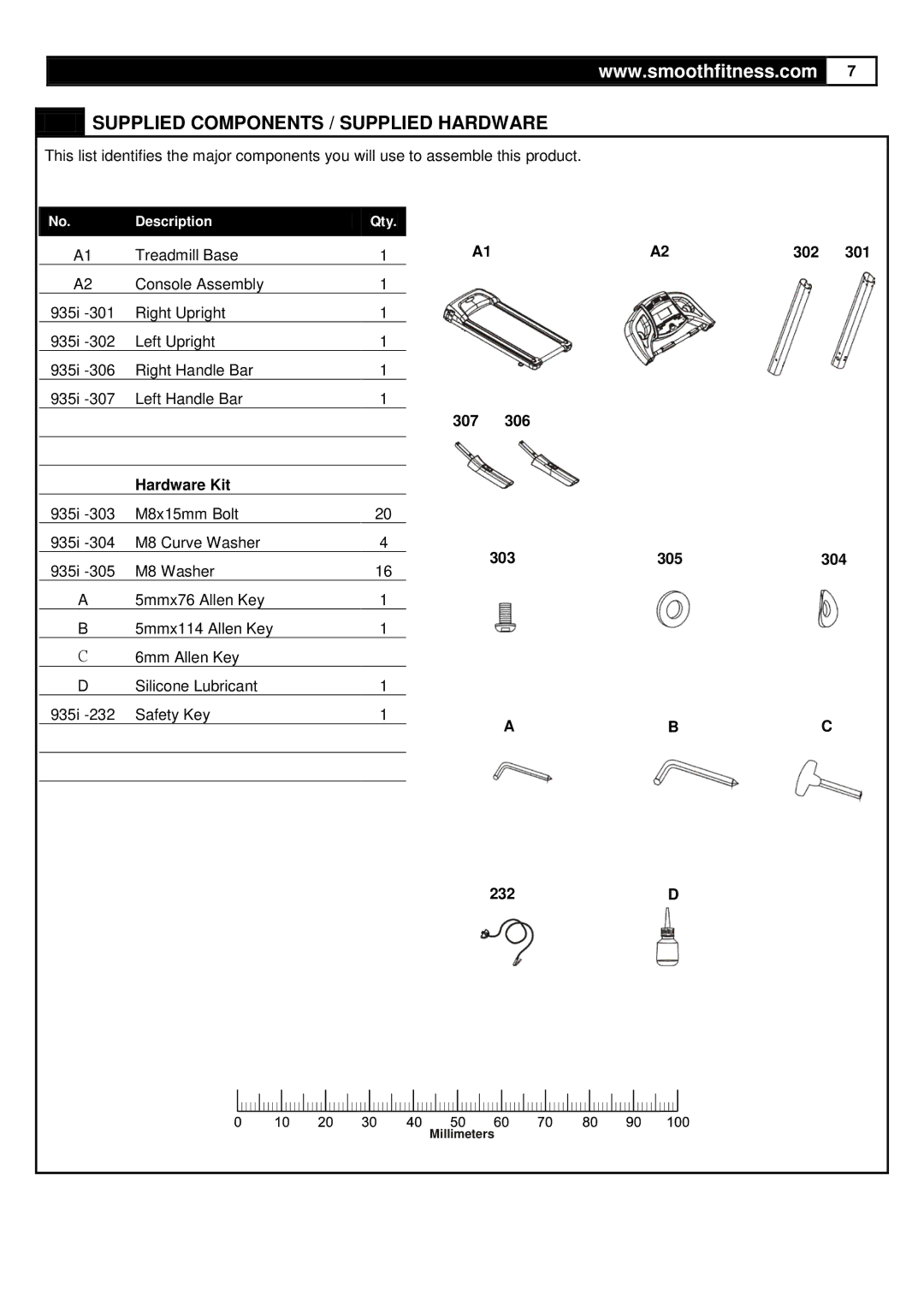 Smooth Fitness 935 user manual Supplied Components / Supplied Hardware, Hardware Kit, 302 301 307 303 305 304 232D 