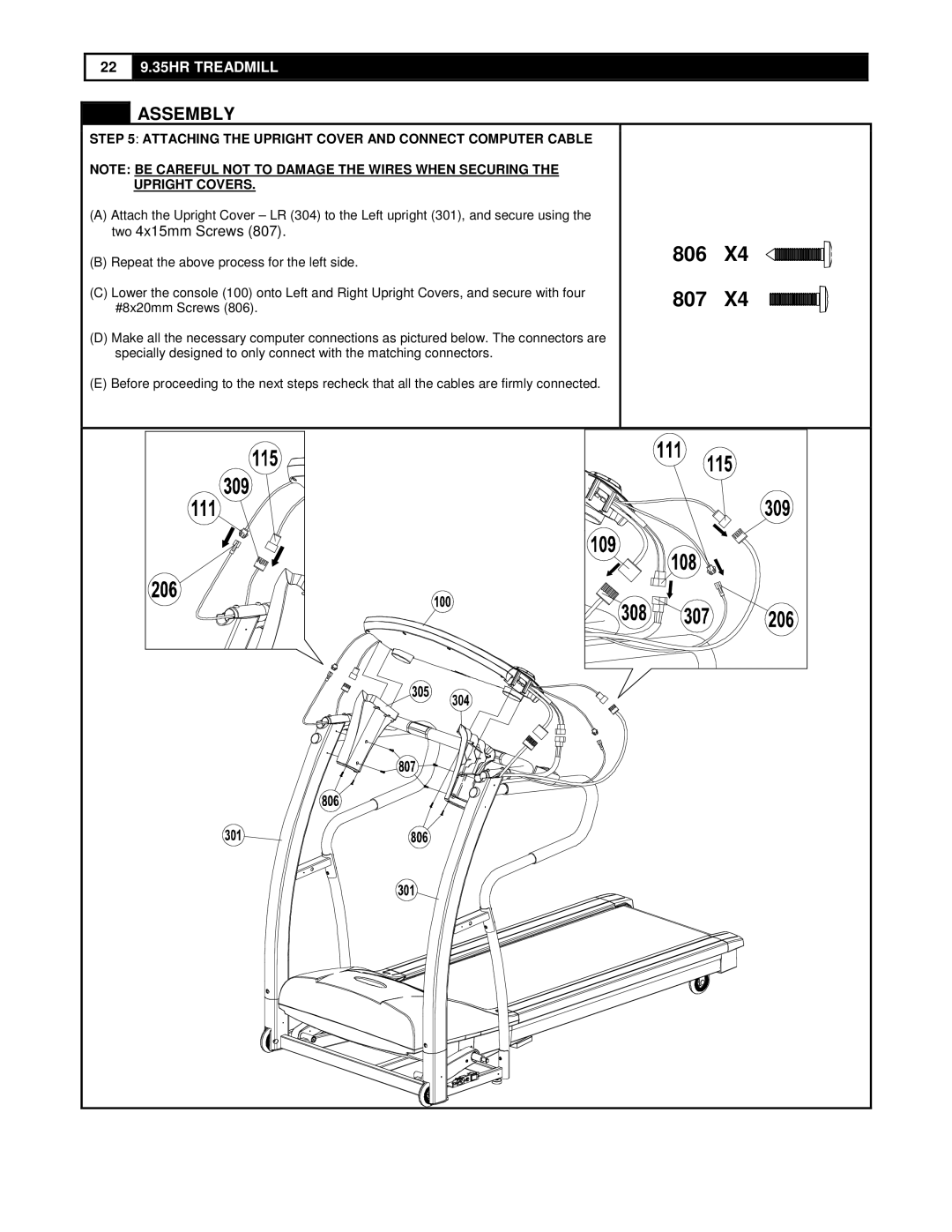 Smooth Fitness 9.35HR user manual 806 807, Attaching the Upright Cover and Connect Computer Cable 