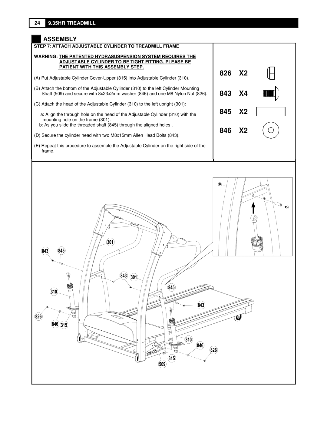 Smooth Fitness 9.35HR user manual 826 843 845 846, Attach Adjustable Cylinder to Treadmill Frame 