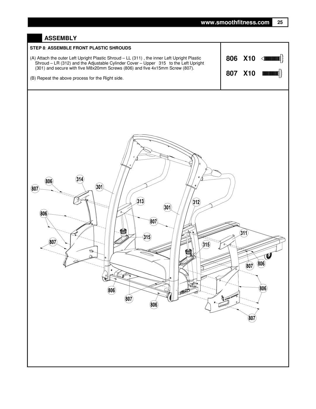 Smooth Fitness 9.35HR user manual Assemble Front Plastic Shrouds 