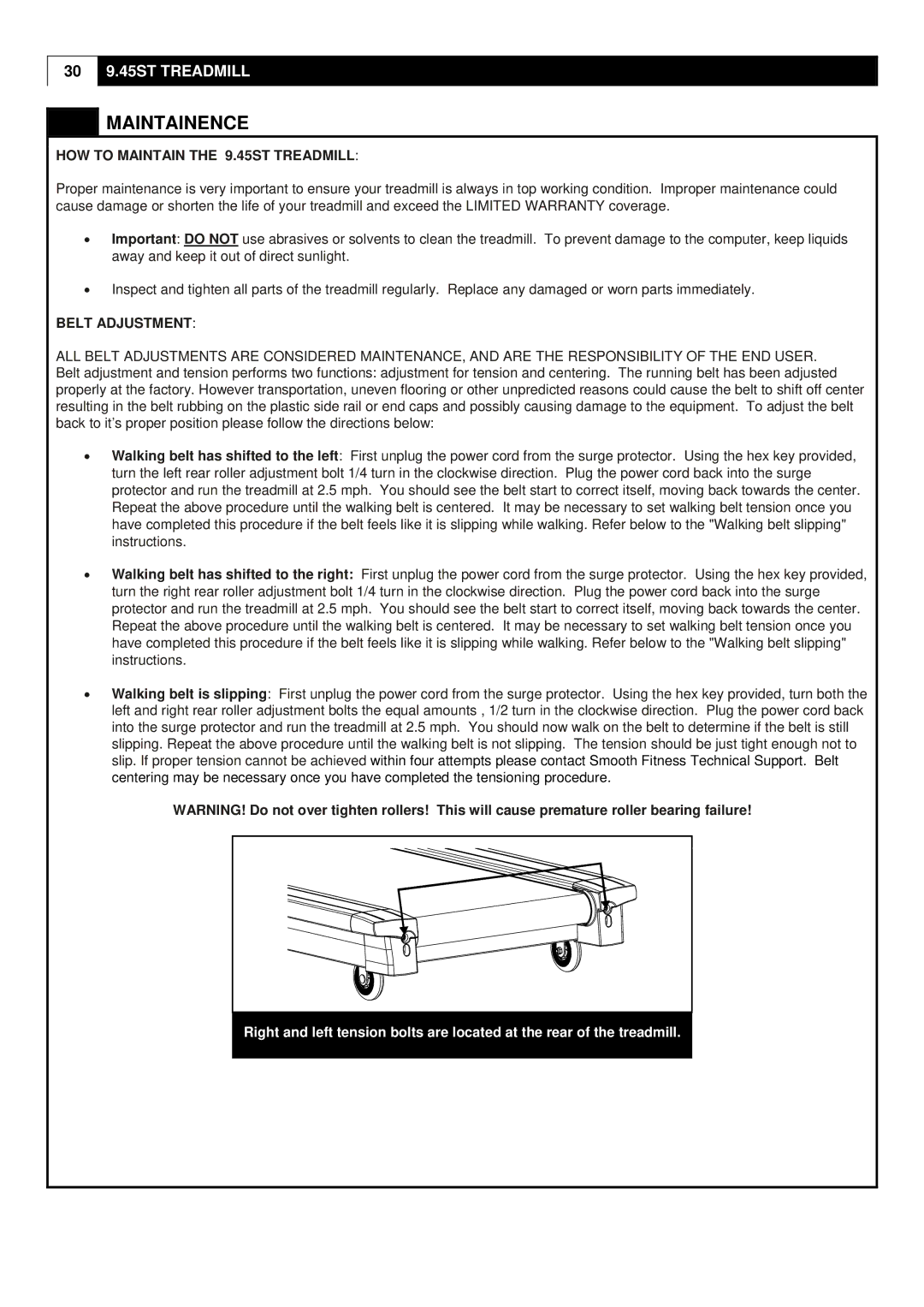 Smooth Fitness user manual Maintainence, HOW to Maintain the 9.45ST Treadmill 