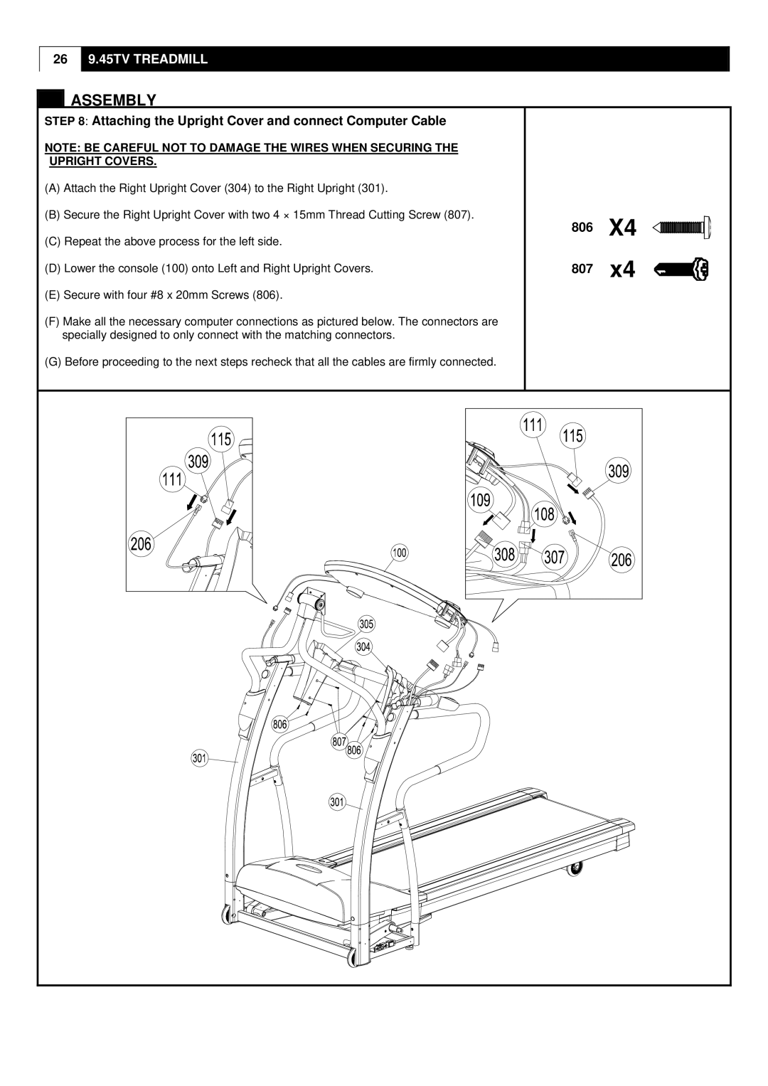 Smooth Fitness 9.45TV user manual 806 807, Attaching the Upright Cover and connect Computer Cable 