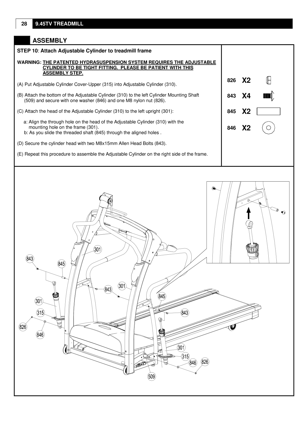 Smooth Fitness 9.45TV user manual 826 843 845 846, Attach Adjustable Cylinder to treadmill frame 