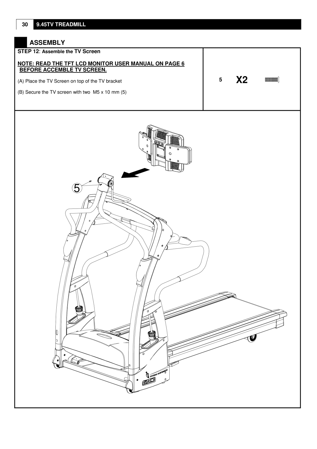 Smooth Fitness 9.45TV user manual Assemble the TV Screen 