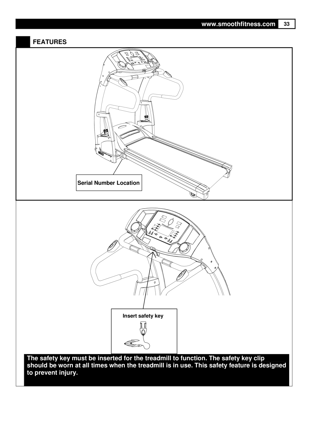 Smooth Fitness 9.45TV user manual Features, Insert safety key 