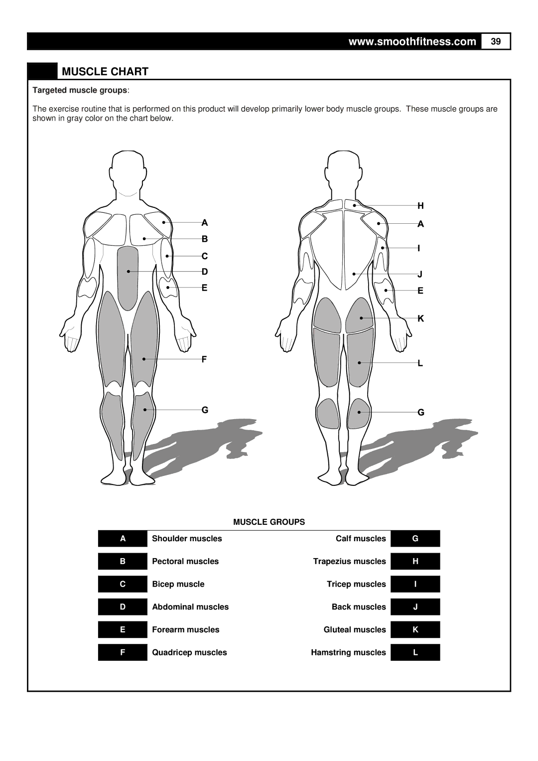 Smooth Fitness 9.45TV user manual Muscle Chart, Targeted muscle groups 