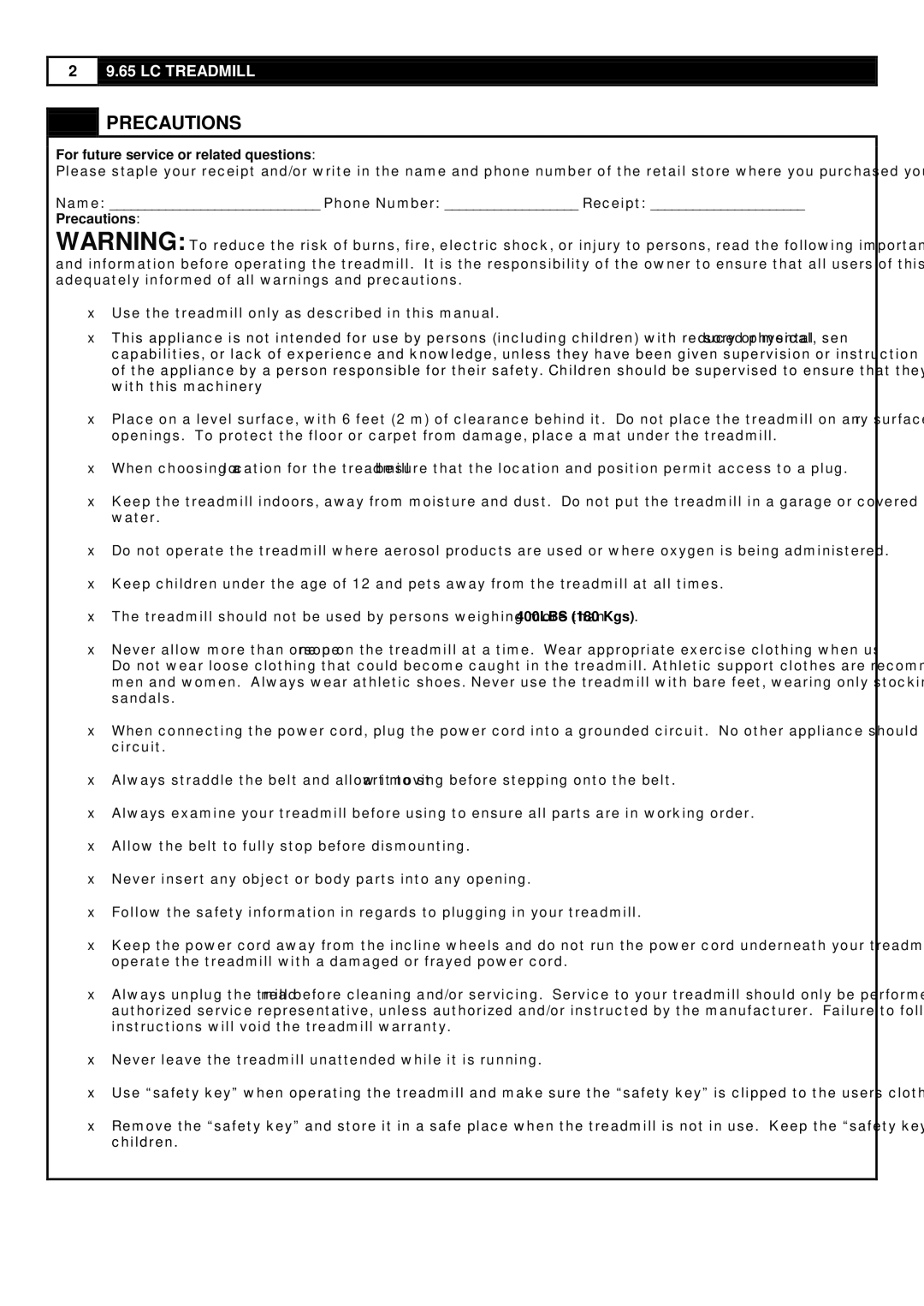 Smooth Fitness 9.65LC user manual Precautions, For future service or related questions 