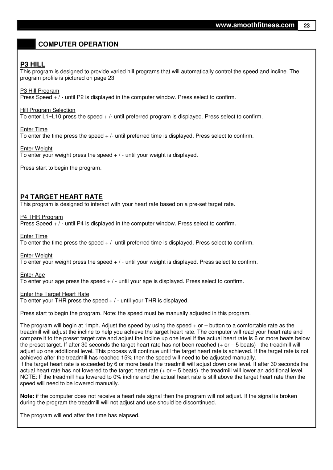 Smooth Fitness 9.65LC user manual Computer Operation P3 Hill, P4 Target Heart Rate 