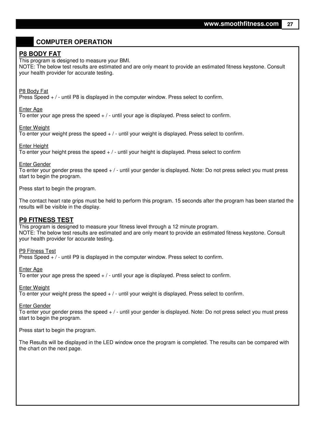 Smooth Fitness 9.65LC user manual Computer Operation P8 Body FAT, P9 Fitness Test 