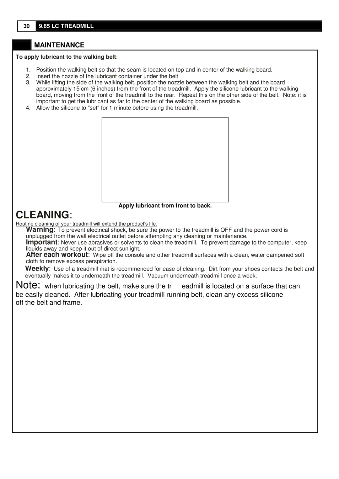 Smooth Fitness 9.65LC user manual Maintenance, To apply lubricant to the walking belt 