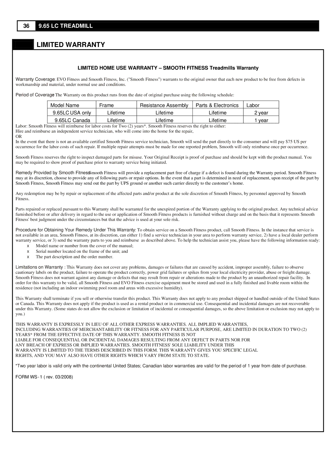 Smooth Fitness 9.65LC user manual Limited Warranty, Lifetime Year 65LC Canada 