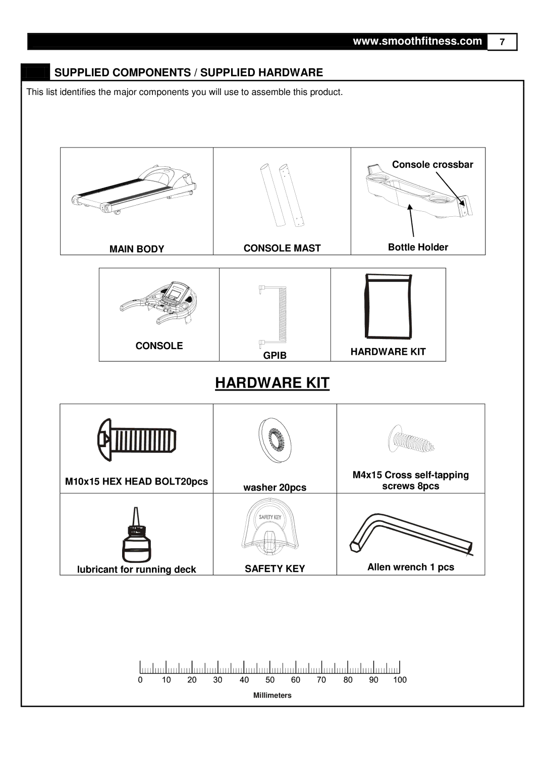 Smooth Fitness 9.65LC user manual Hardware KIT, Supplied Components / Supplied Hardware 