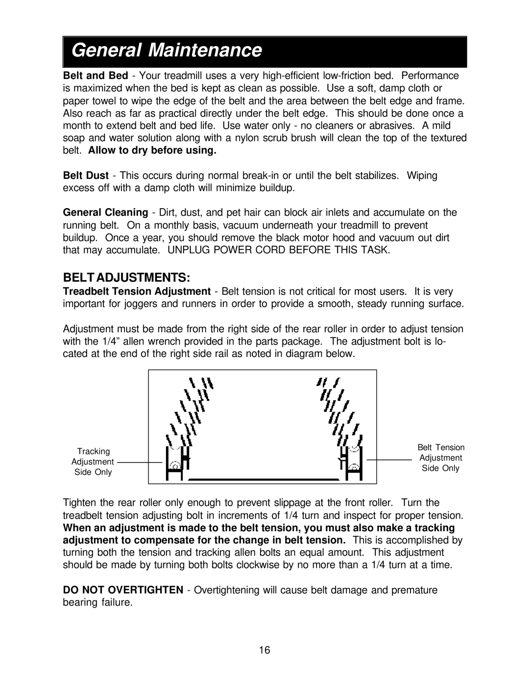 Smooth Fitness 9.6P owner manual General Maintenance, Belt Adjustments 