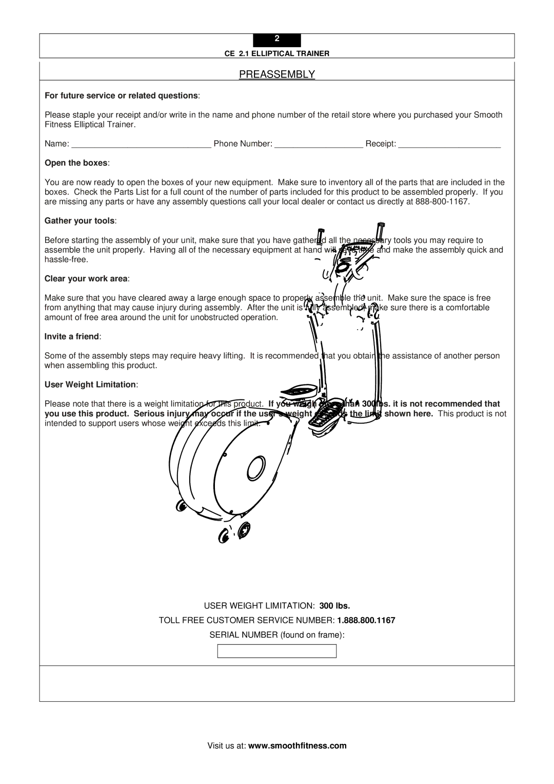 Smooth Fitness CE 2.1 user manual Preassembly 