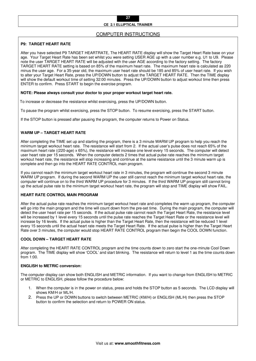 Smooth Fitness CE 2.1 user manual P9 Target Heart Rate, Warm UP Target Heart Rate, Heart Rate Control Main Program 