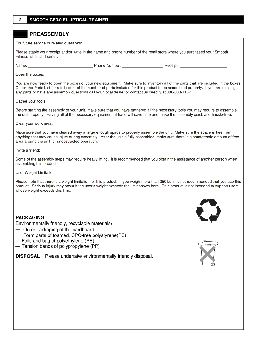 Smooth Fitness CE-3.0 user manual Preassembly, Packaging 