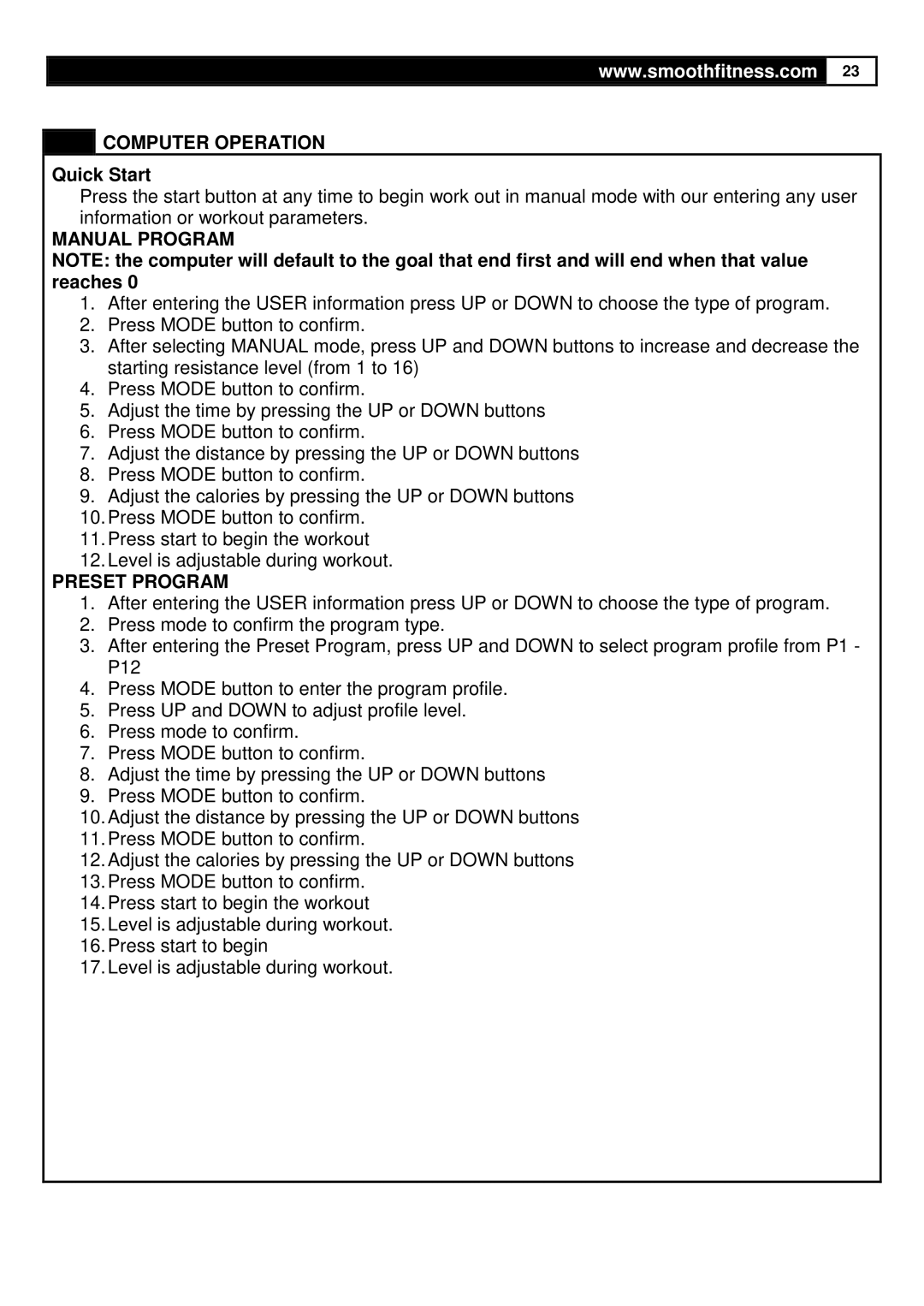 Smooth Fitness CE-3.0 user manual Manual Program, Preset Program 