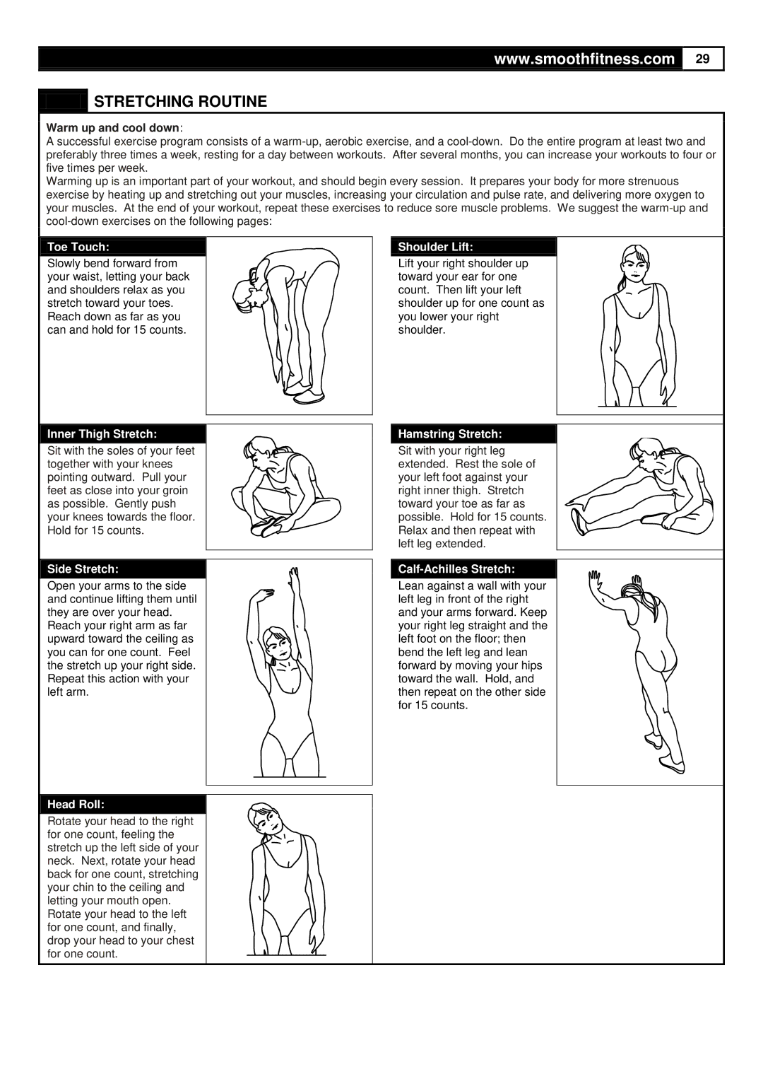 Smooth Fitness CE-3.0 user manual Stretching Routine, Warm up and cool down 