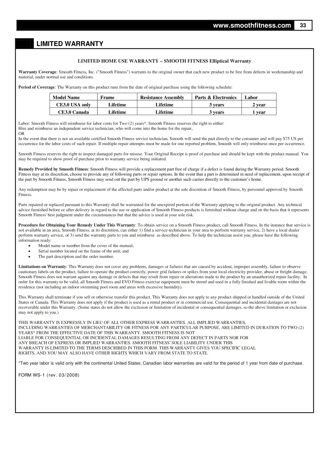 Smooth Fitness CE-3.0 user manual Limited Warranty, Lifetime Years CE3.0 Canada 