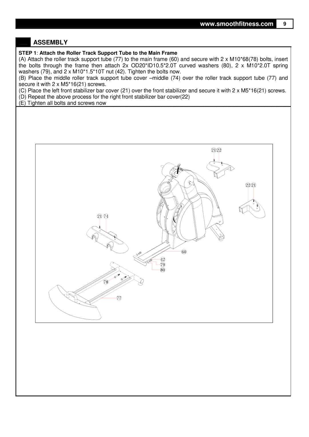 Smooth Fitness CE-3.0 user manual Attach the Roller Track Support Tube to the Main Frame 