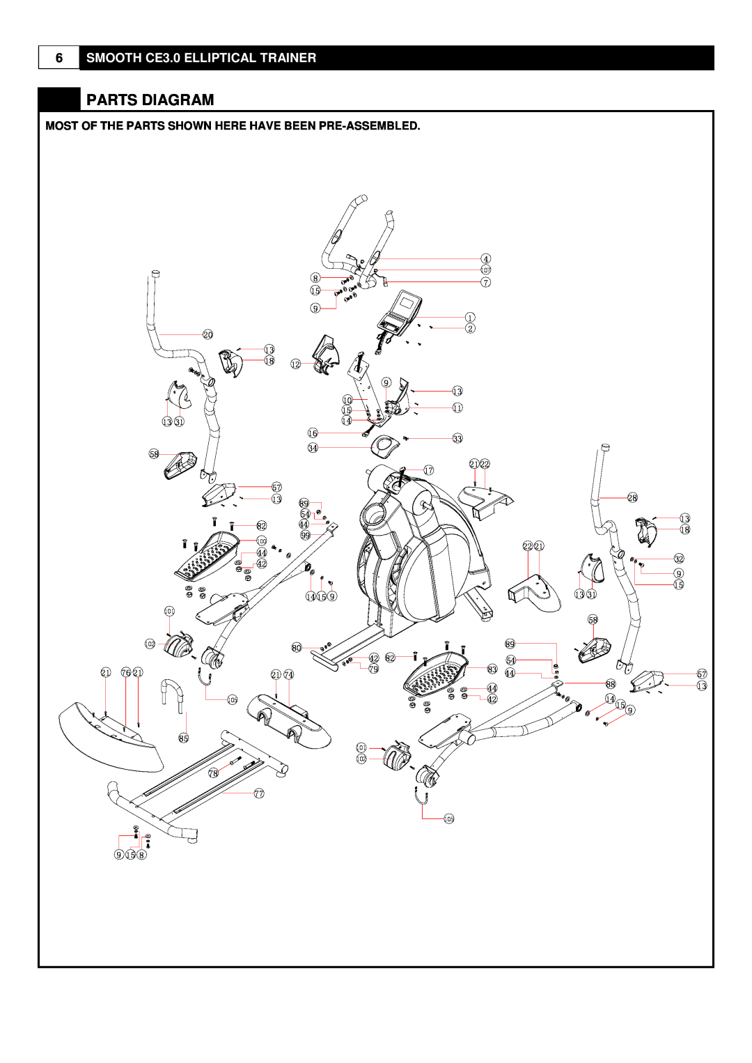 Smooth Fitness CE-3.0 Parts Diagram, SMOOTH CE3.0 ELLIPTICAL TRAINER, Most Of The Parts Shown Here Have Been Pre-Assembled 