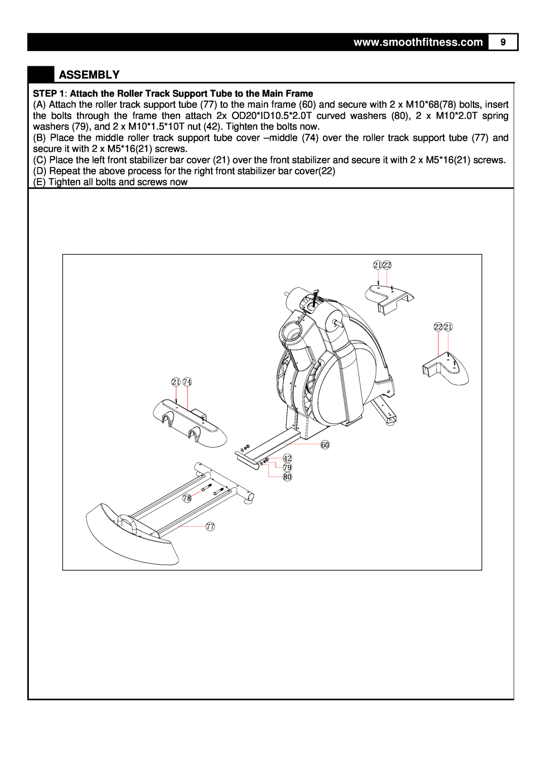 Smooth Fitness CE-3.0 user manual Assembly, D Repeat the above process for the right front stabilizer bar cover22 