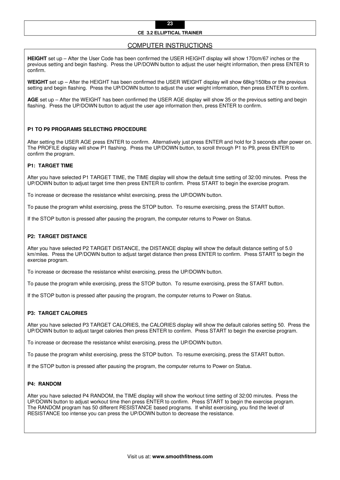 Smooth Fitness CE 3.2 P1 to P9 Programs Selecting Procedure, P1 Target Time, P2 Target Distance, P3 Target Calories 