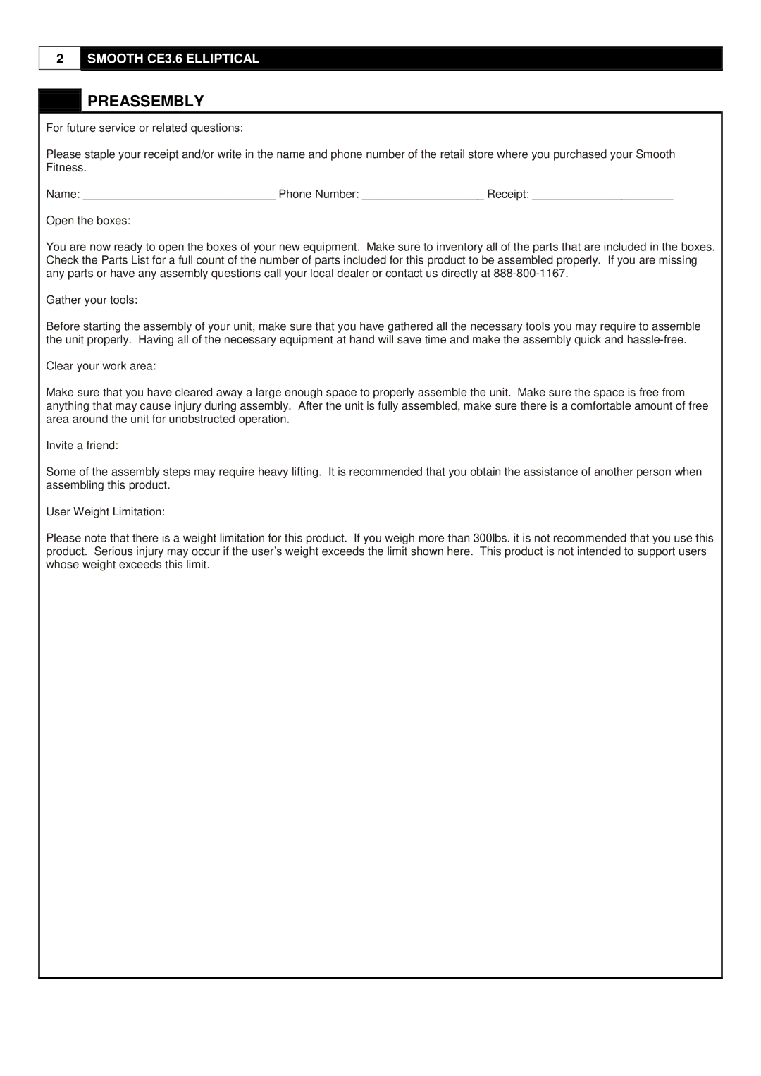 Smooth Fitness CE-3.6 user manual Preassembly 