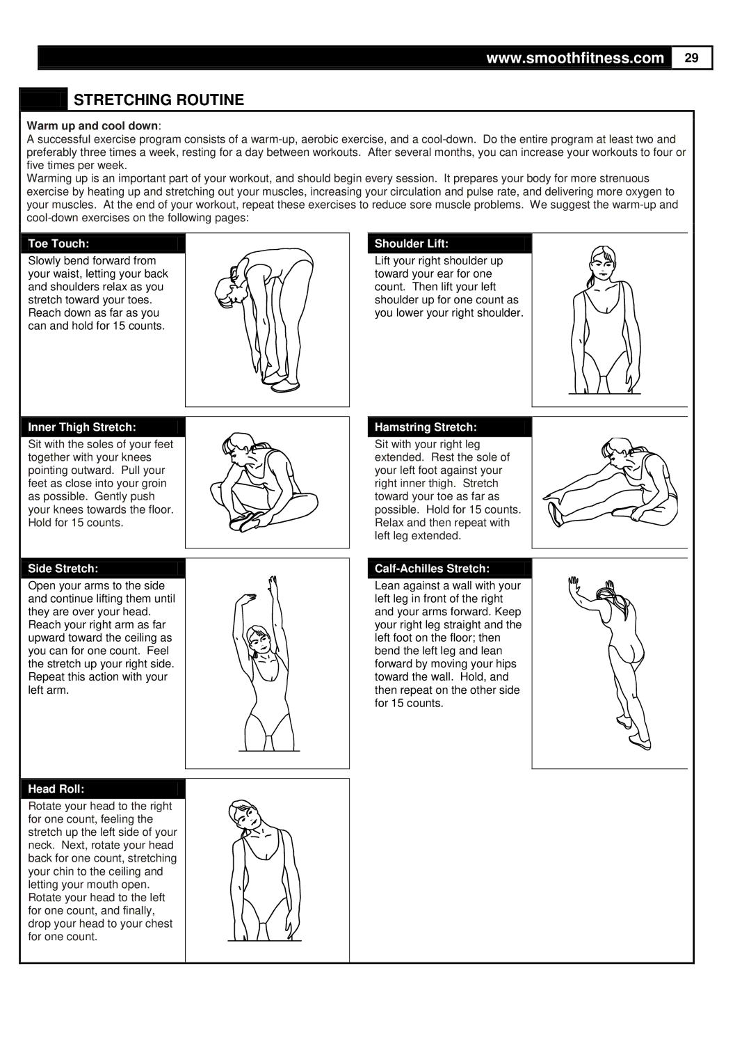 Smooth Fitness CE-3.6 user manual Stretching Routine, Warm up and cool down 