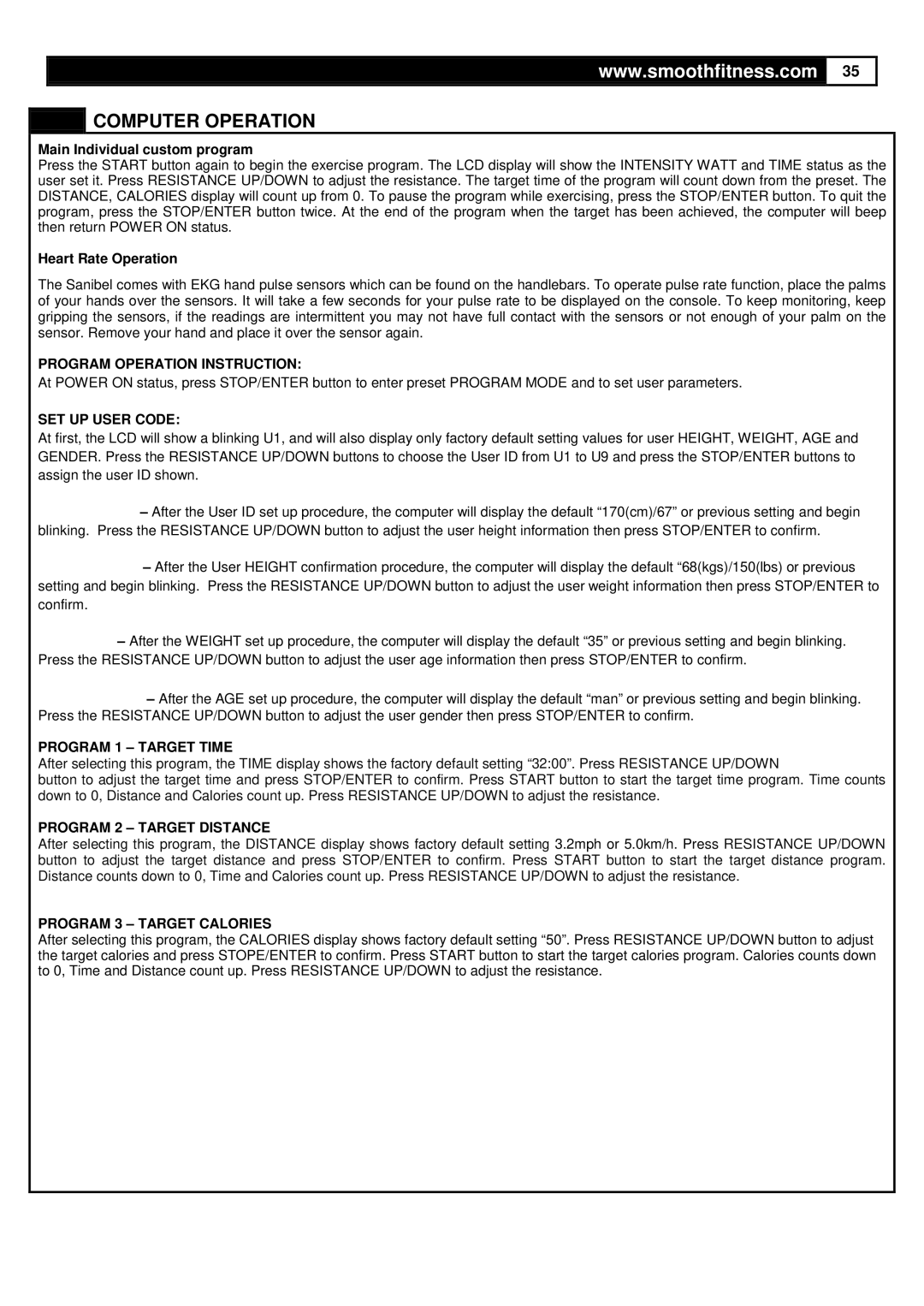 Smooth Fitness CE-3.6 Program Operation Instruction, SET UP User Code, Program 1 Target Time, Program 2 Target Distance 